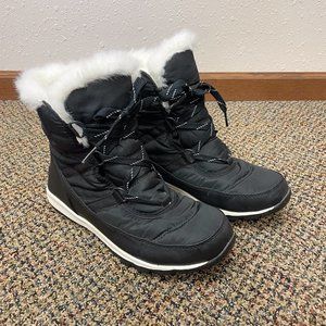 Sorel Black Whitney Short Lace Up White Fur Snow Boots